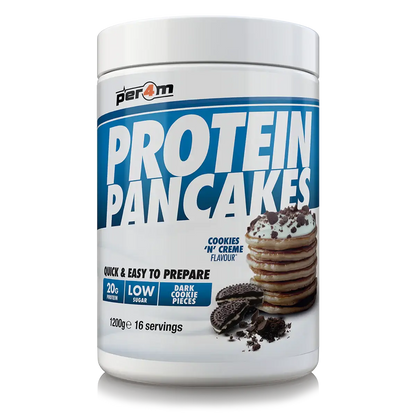 Per4m Protein Pancakes jar featuring cookies 'n' creme flavor with 20g protein and low sugar, 16 servings.