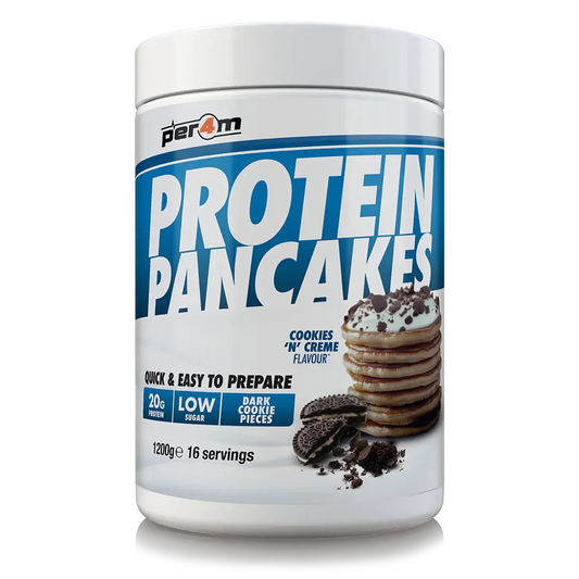 Per4m Protein Pancakes jar featuring cookies 'n' creme flavor with 20g protein and low sugar, 16 servings.