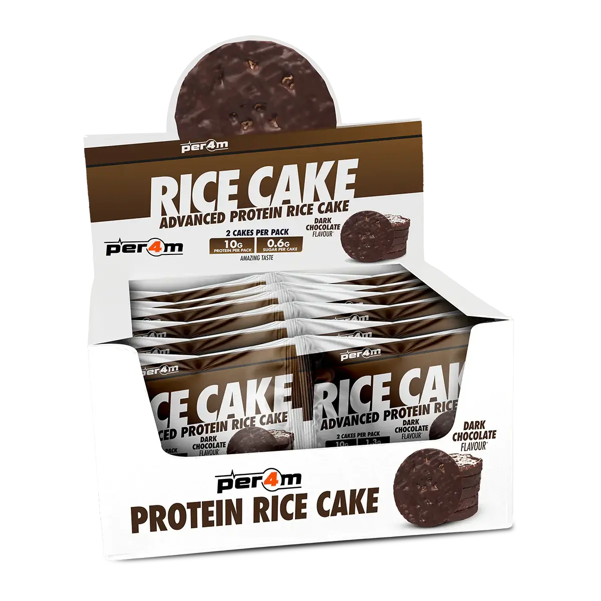 Per4m Protein Rice Cake dark chocolate display box featuring high protein rice cakes coated in rich chocolate.