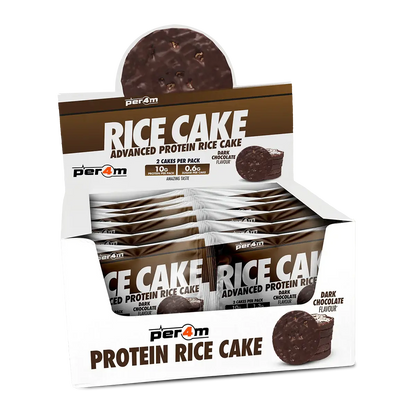 Per4m Protein Rice Cake dark chocolate display box featuring high protein rice cakes coated in rich chocolate.