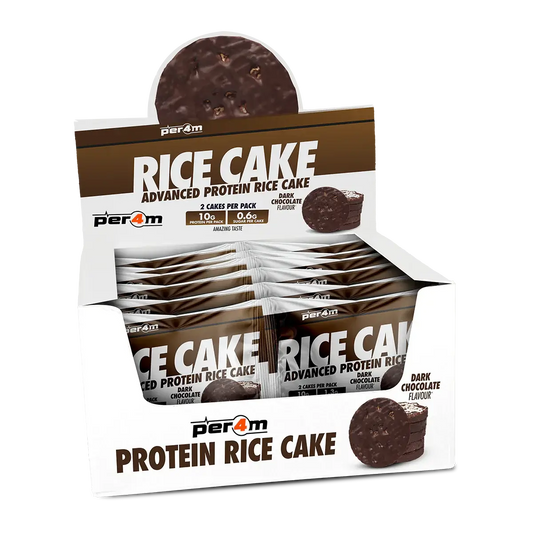 Per4m Protein Rice Cake dark chocolate display box featuring high protein rice cakes coated in rich chocolate.