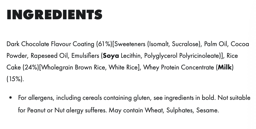 Ingredients list for Per4m Protein Rice Cake dark chocolate detailing chocolate coating, rice cake base, whey protein, sweeteners, and allergen information.