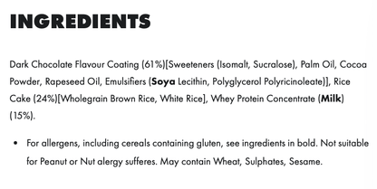 Ingredients list for Per4m Protein Rice Cake dark chocolate detailing chocolate coating, rice cake base, whey protein, sweeteners, and allergen information.