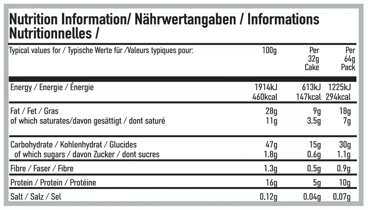 Nutrition information panel for Per4m Protein Rice Cake dark chocolate showing energy, fat, carbohydrates, protein, fibre, and salt values per serving.