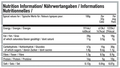 Nutrition information panel for Per4m Protein Rice Cake dark chocolate showing energy, fat, carbohydrates, protein, fibre, and salt values per serving.