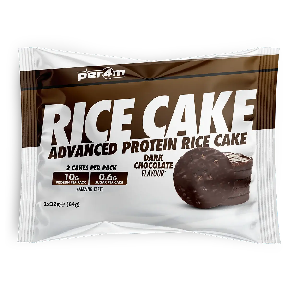 Per4m Protein Rice Cake dark chocolate twin pack featuring high protein rice cakes coated in rich chocolate.