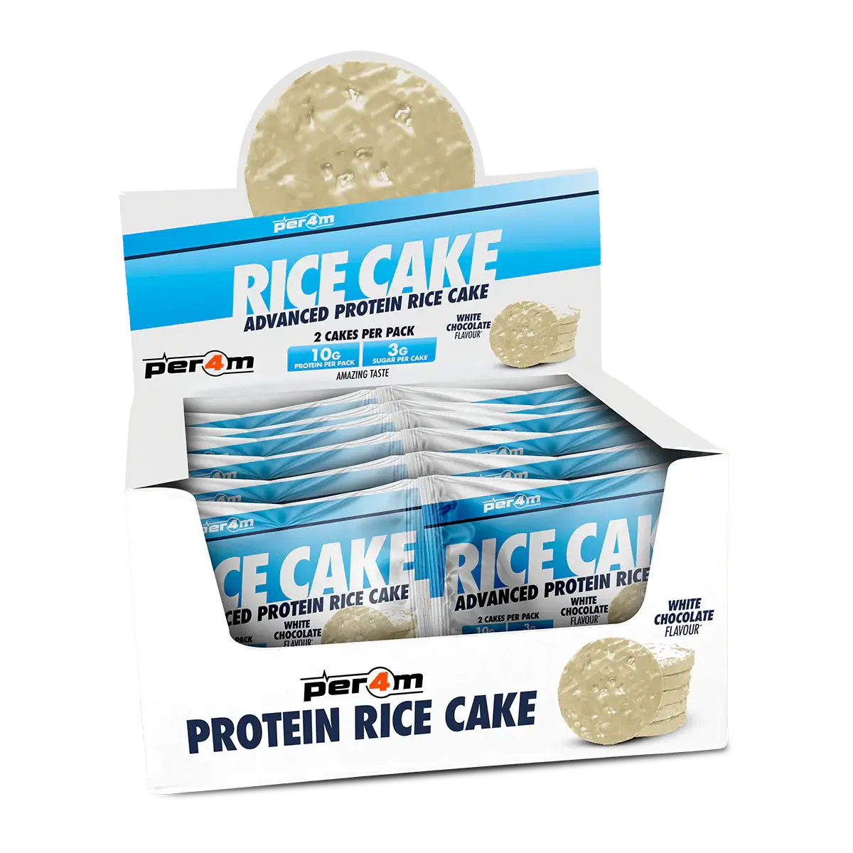 Per4m Protein Rice Cake white chocolate display box featuring high protein rice cakes coated in smooth white chocolate.