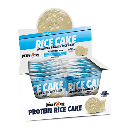 Per4m Protein Rice Cake white chocolate display box featuring high protein rice cakes coated in smooth white chocolate.