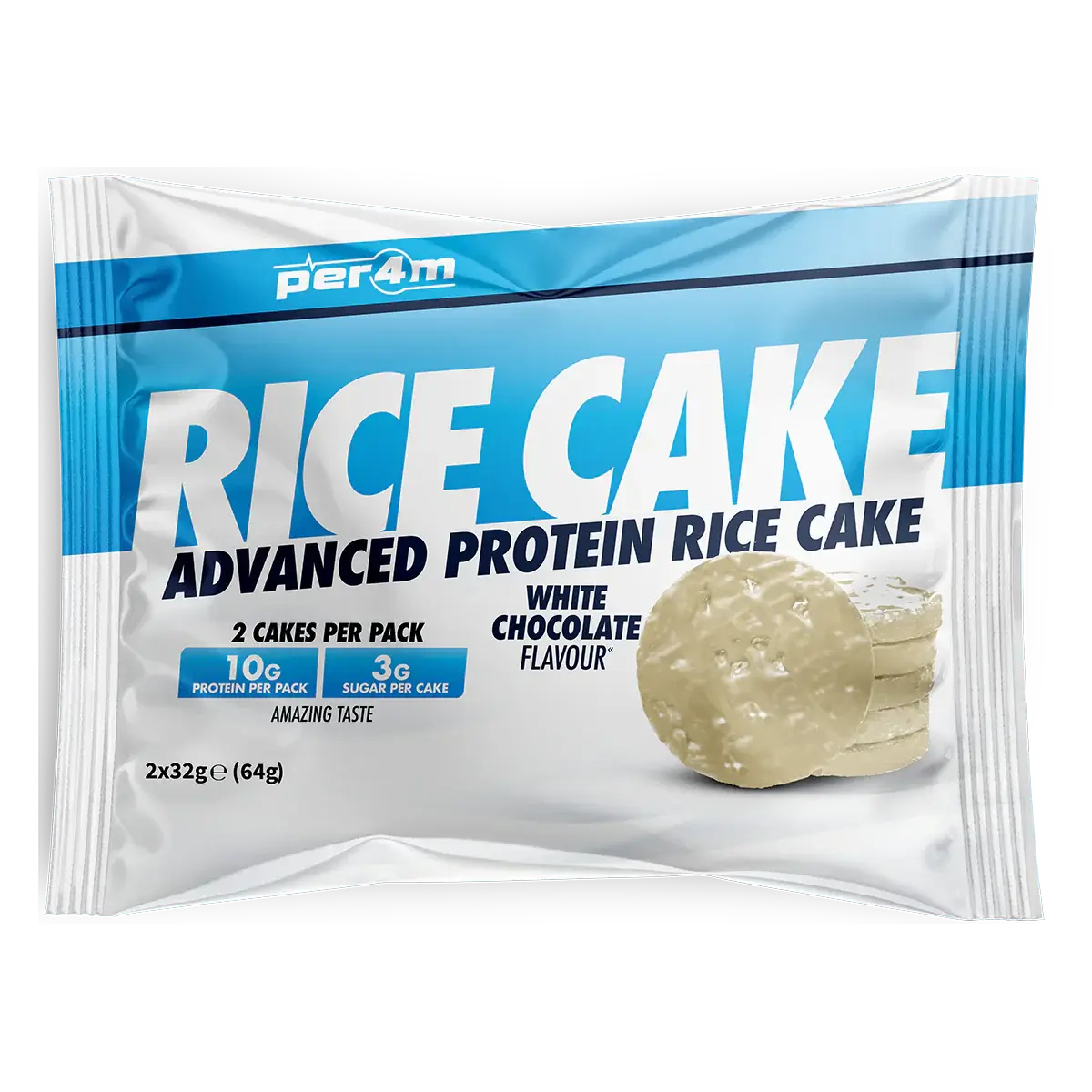 Per4m Protein Rice Cake white chocolate twin pack featuring high protein rice cakes coated in smooth white chocolate.