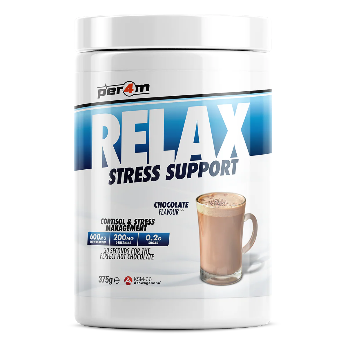 Per4m Relax Stress Support chocolate-flavoured powder supplement container with hot chocolate drink illustration