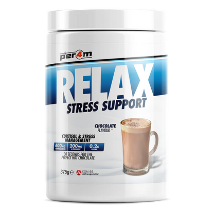 Per4m Relax Stress Support chocolate-flavoured powder supplement container with hot chocolate drink illustration