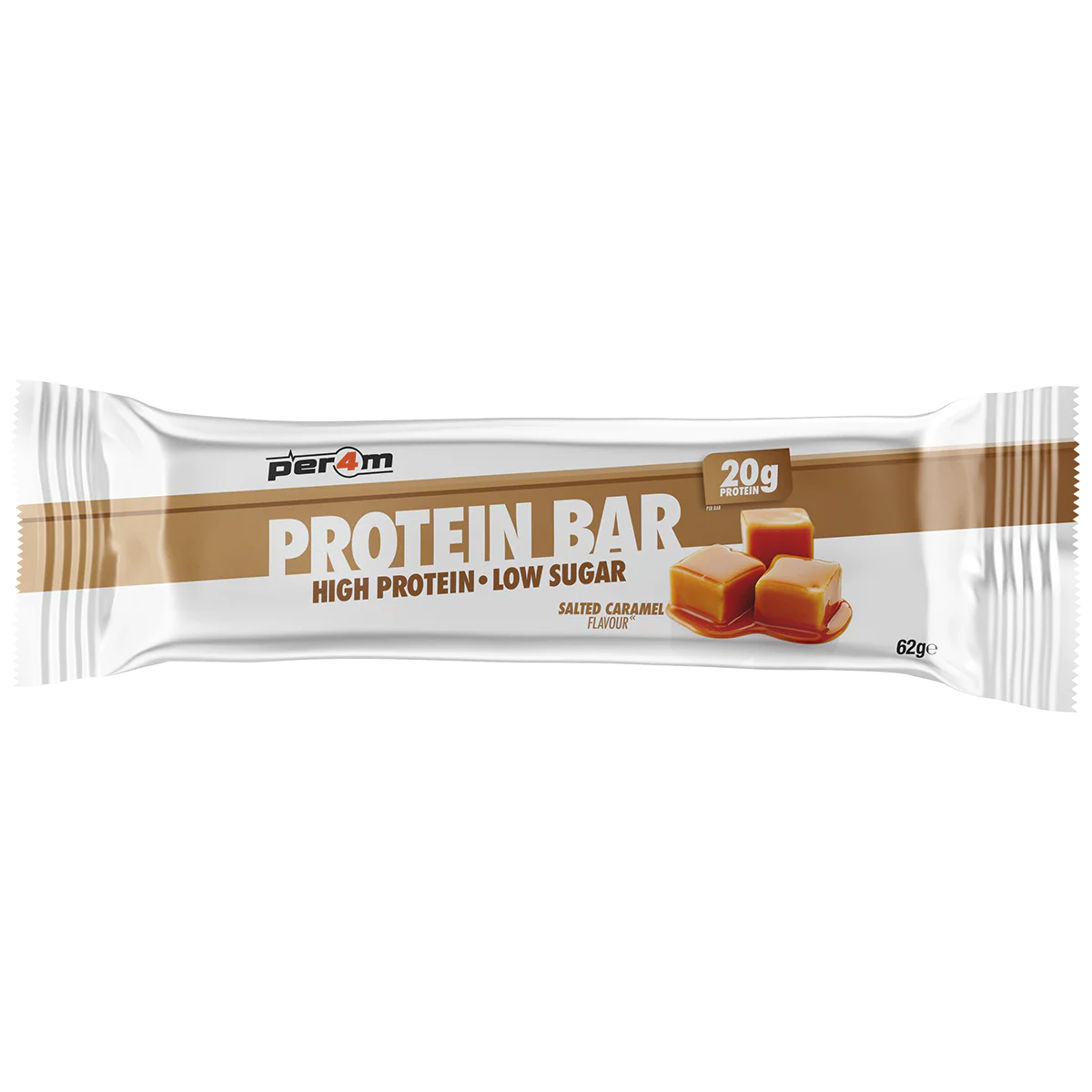 Single PER4M Salted Caramel protein bar in individual wrapper