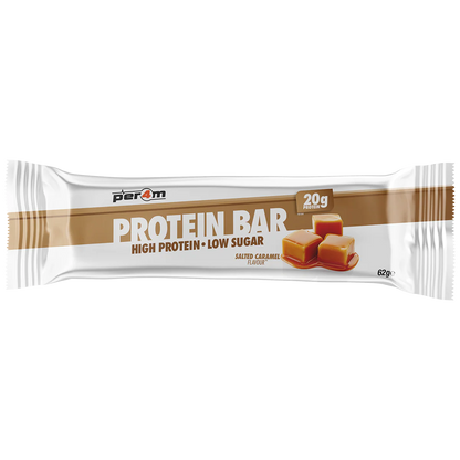 Single PER4M Salted Caramel protein bar in individual wrapper