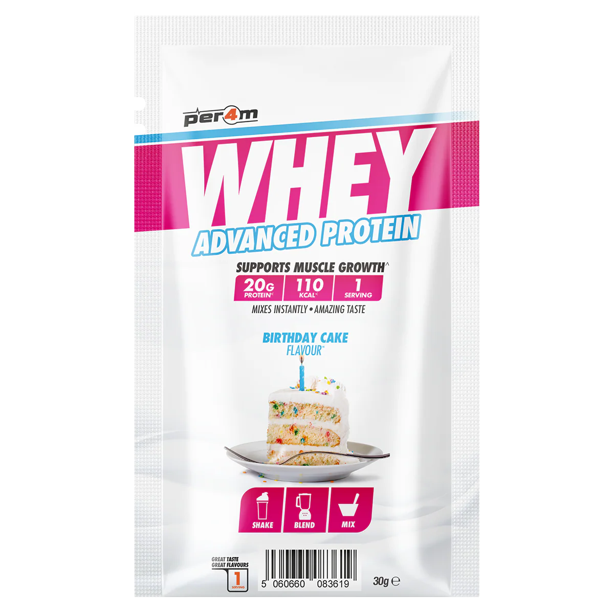 Per4m Whey Advanced Protein Birthday Cake flavour 30g sample sachet