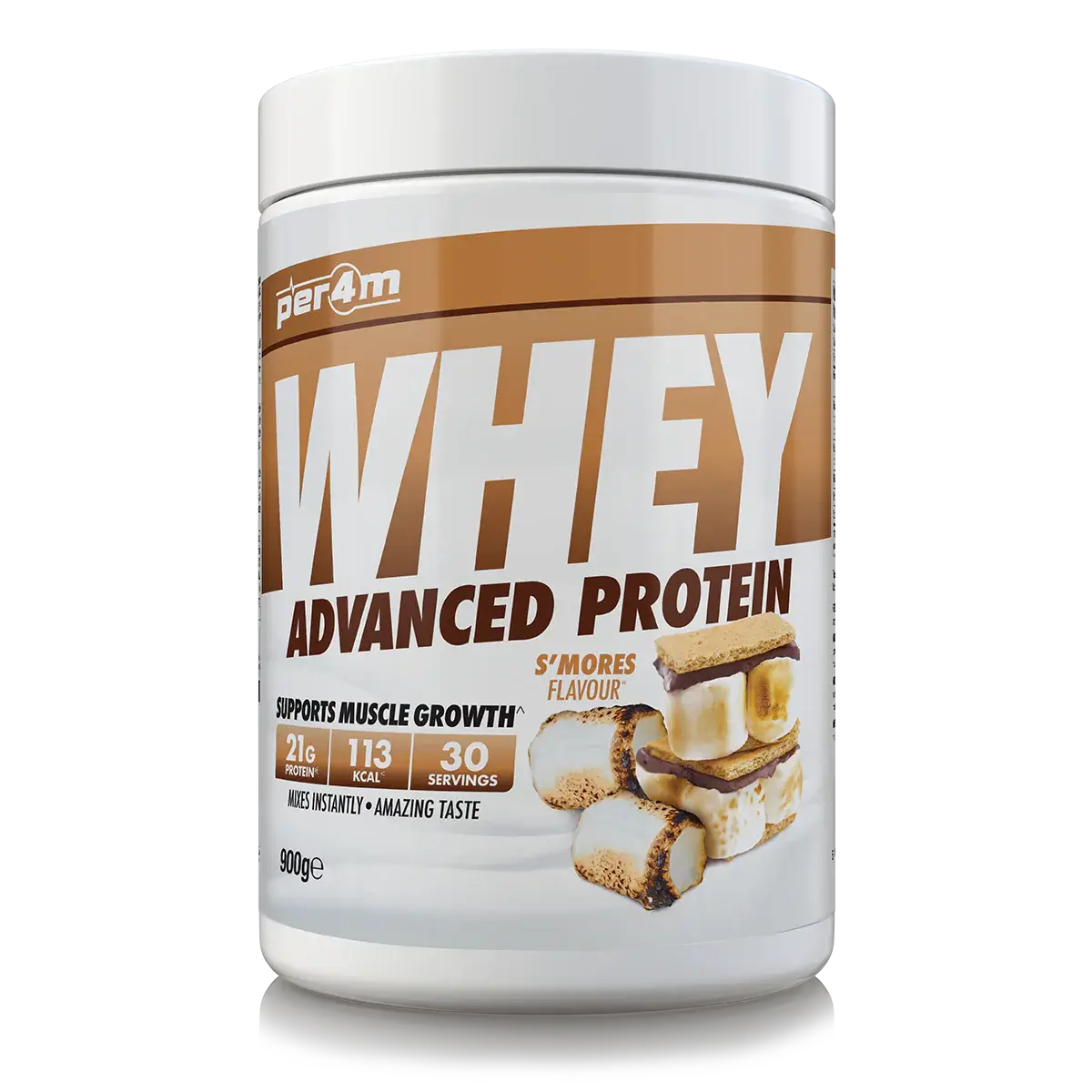 PER4M Whey Protein 900g in S’mores flavor, supports muscle growth with 21g protein per serving