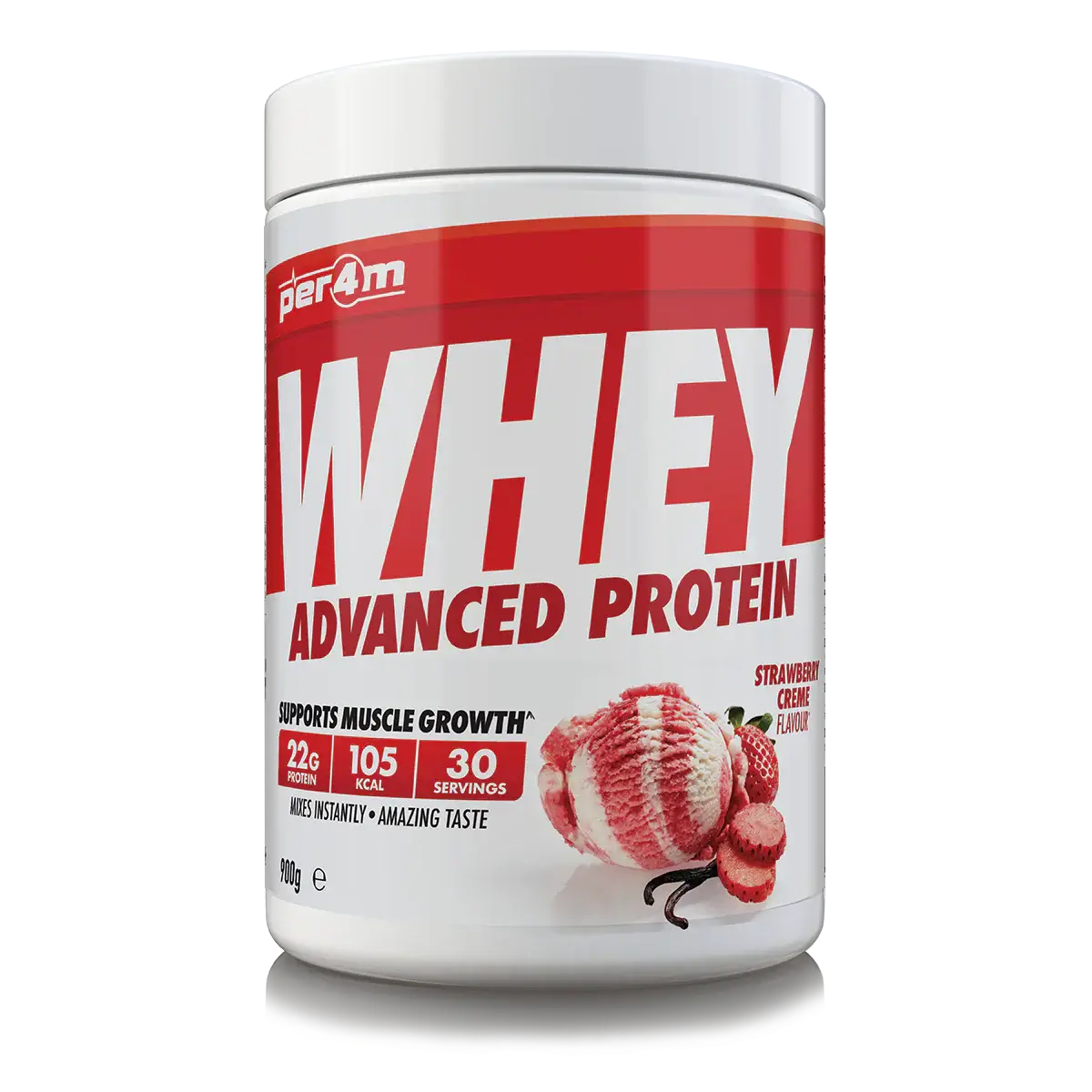 PER4M Whey Advanced Protein Strawberry Creme 900g – 22g protein per serving for muscle growth