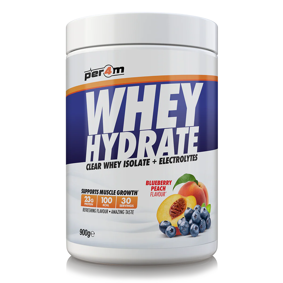Per4m Whey Hydrate clear whey isolate blueberry peach flavor 900g tub on white background