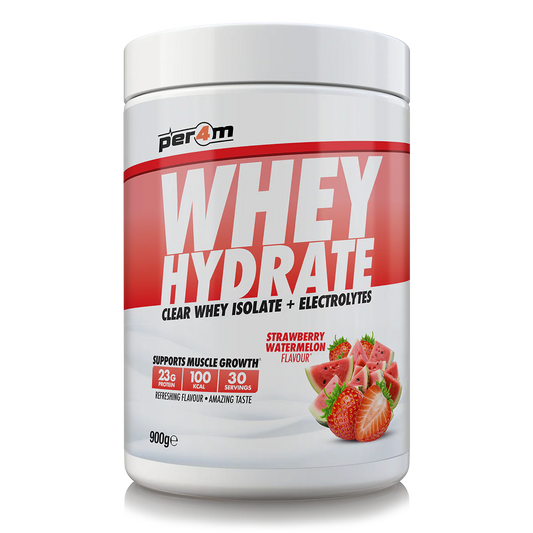 Per4m Whey Hydrate clear whey isolate strawberry watermelon flavor 900g tub on white background