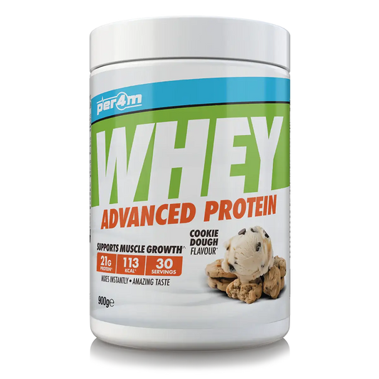 PER4M Whey Protein 900g tub in Cookie Dough flavor, supporting muscle growth with 21g protein per serving