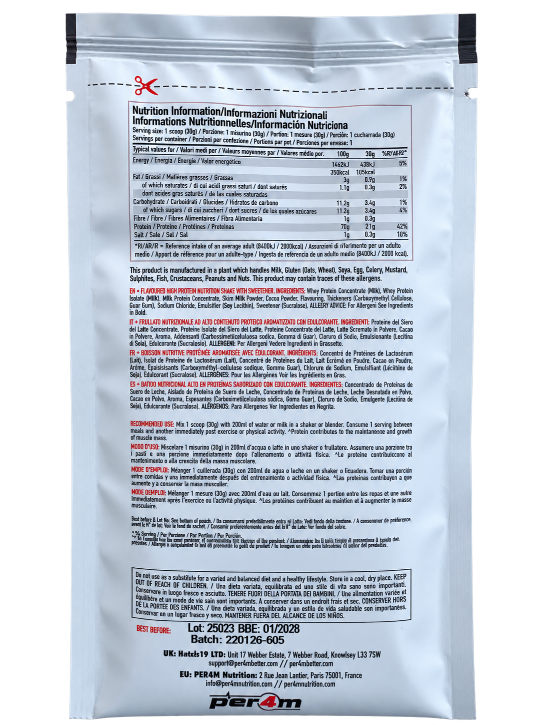 PER4M Whey Protein 30g sachet back: nutrition information, ingredients and allergens