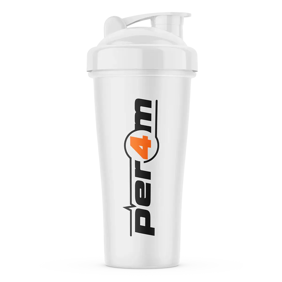 PER4M white protein shaker bottle with flip lid for mixing whey protein and supplements