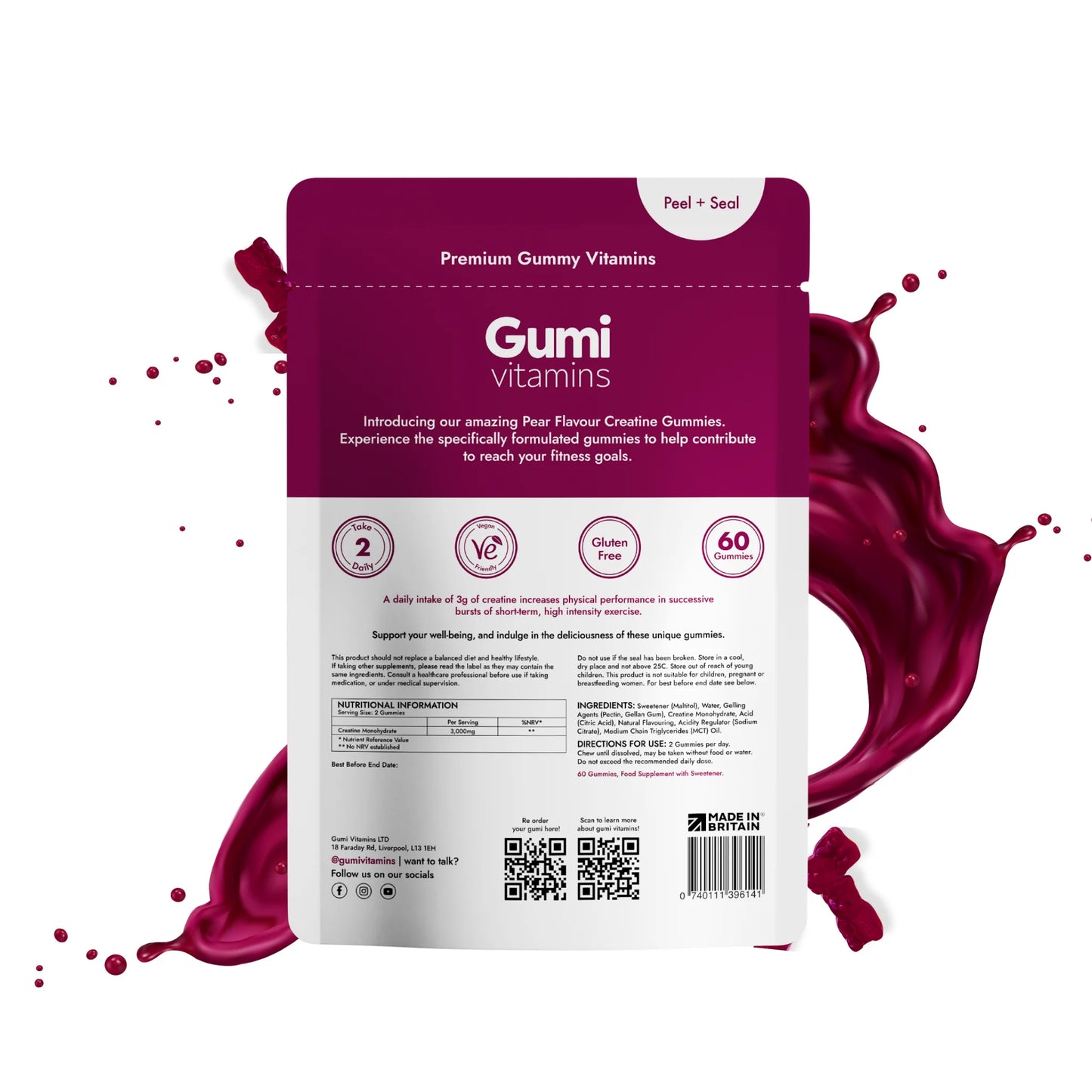 Back of Power Gummies creatine pear flavour pouch showing nutrition information, ingredients, and barcode