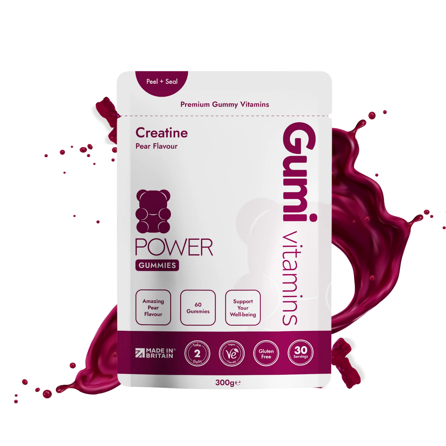Power Gummies creatine pear flavour gummy vitamins pouch on white background