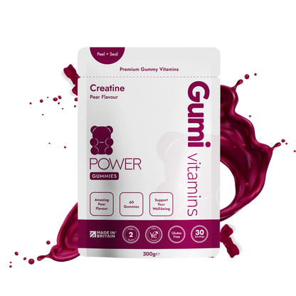 Power Gummies creatine pear flavour gummy vitamins pouch on white background