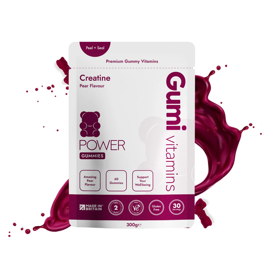 Power Gummies creatine pear flavour gummy vitamins pouch on white background