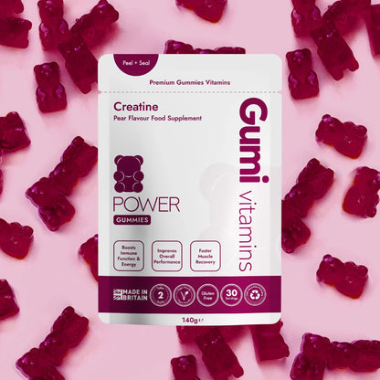 Power Gummies creatine pear flavour pouch with gummy bears displayed on a pink background