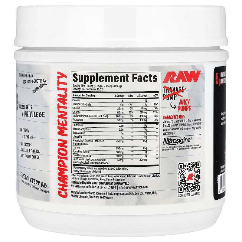 Raw Nutrition Christopher’s Juicy Pumps supplement facts label ingredient panel