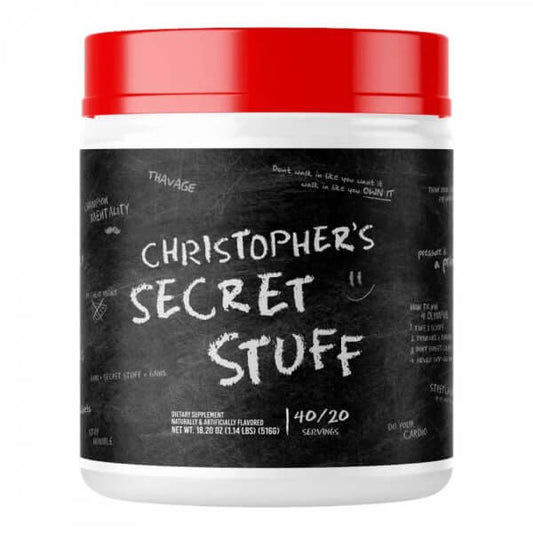 Raw Nutrition Christopher’s Secret Stuff pre workout supplement jar with 40 servings for energy, focus, and performance.