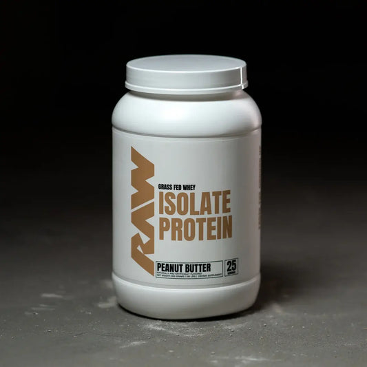 RAW Nutrition grass fed whey isolate protein container in peanut butter flavor.