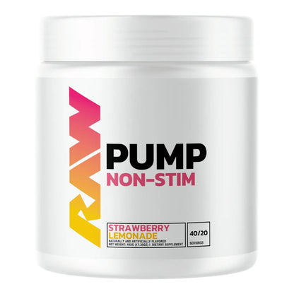 RAW Nutrition Pump Non Stim pre workout supplement container in strawberry lemonade flavor.