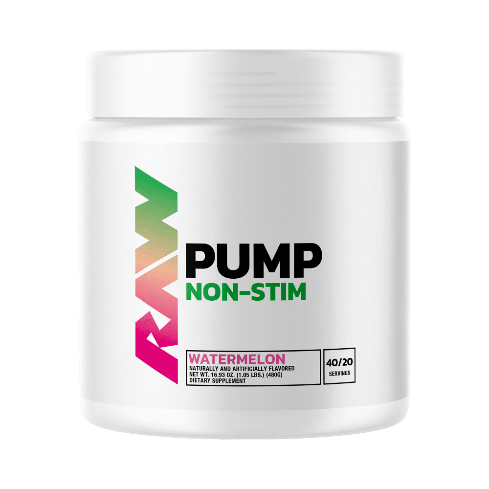 RAW Nutrition Pump Non Stim pre workout supplement container in watermelon flavor.