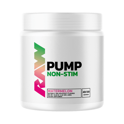 RAW Nutrition Pump Non Stim pre workout supplement container in watermelon flavor.