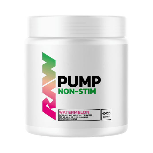 RAW Nutrition Pump Non Stim pre workout supplement container in watermelon flavor.