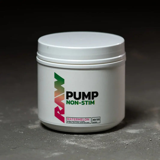 RAW Nutrition Pump Non Stim pre workout supplement container in watermelon flavor.