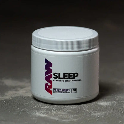 RAW Nutrition Sleep complete sleep formula container in mixed berry flavor, dietary supplement designed for nightly use.