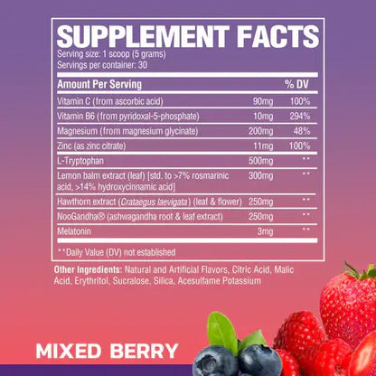 Supplement facts panel for RAW Nutrition Sleep mixed berry showing vitamins, minerals, and active ingredients per serving.