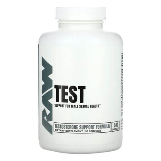 Raw Nutrition Test dietary supplement bottle for male health, 240 capsules.