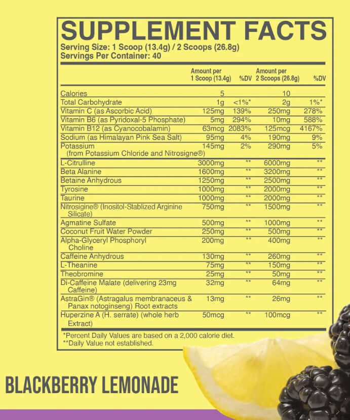 Raw Nutrition THAVAGE pre-workout supplement facts panel for Blackberry Lemonade flavor showing ingredients and nutritional values