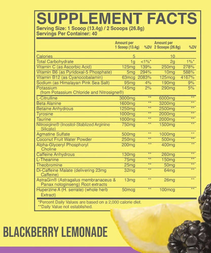 Raw Nutrition THAVAGE pre-workout supplement facts panel for Blackberry Lemonade flavor showing ingredients and nutritional values