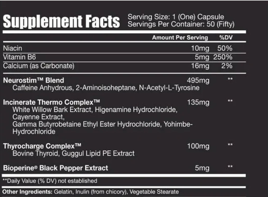 Supplement facts label for Shredbull dietary supplement showing ingredients, serving size, and nutritional values.
