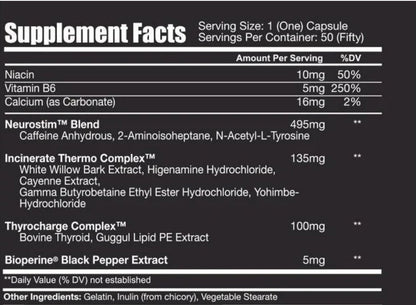 Supplement facts label for Shredbull dietary supplement showing ingredients, serving size, and nutritional values.