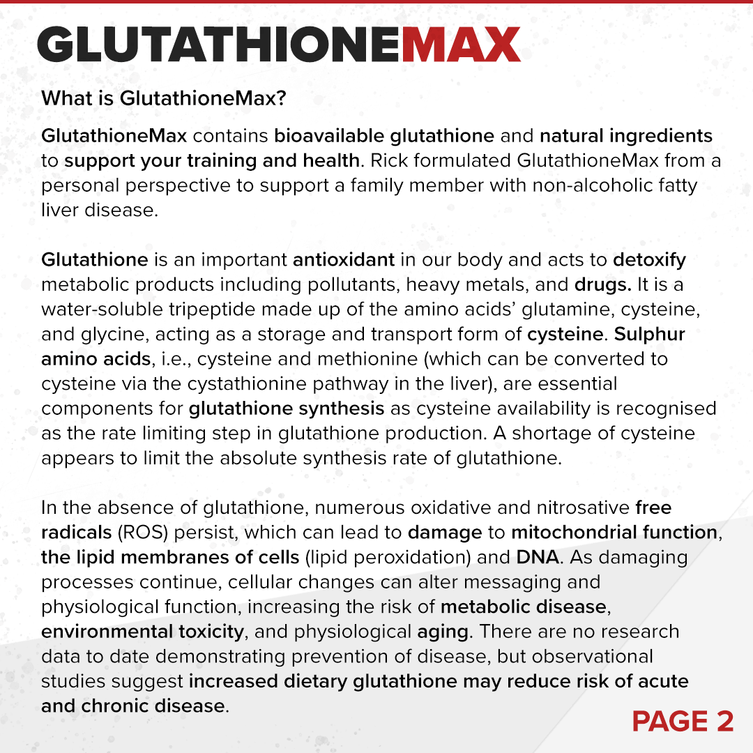 Educational text graphic explaining glutathione and its biological role for Strom Sports GlutathioneMAX.