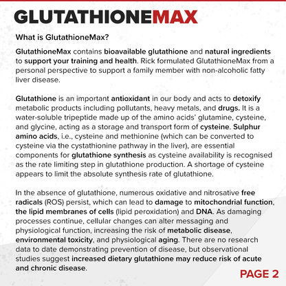 Educational text graphic explaining glutathione and its biological role for Strom Sports GlutathioneMAX.