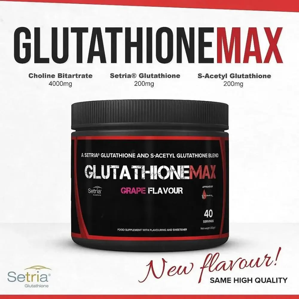 Promotional image of Strom Sports GlutathioneMAX powder supplement in grape flavour showing product container and key ingredients.