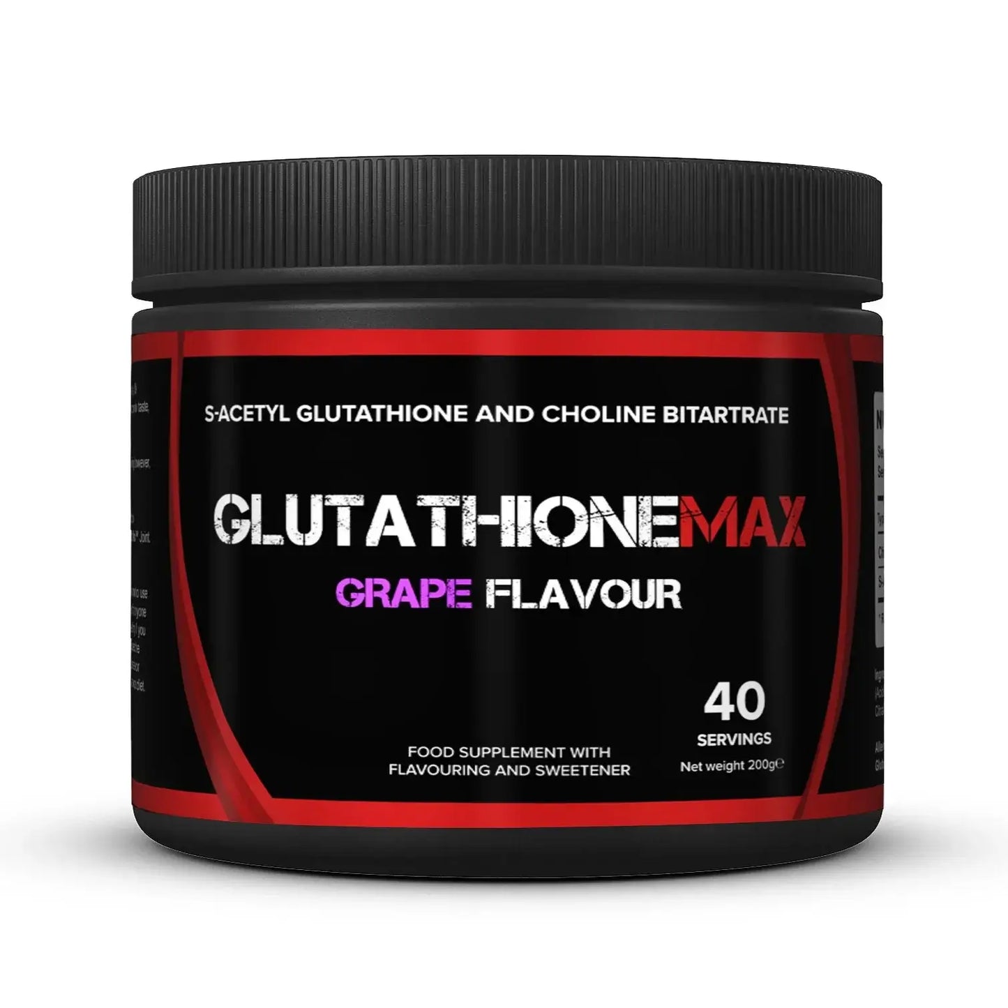 Strom Sports GlutathioneMAX powder supplement in grape flavour container on a white background.