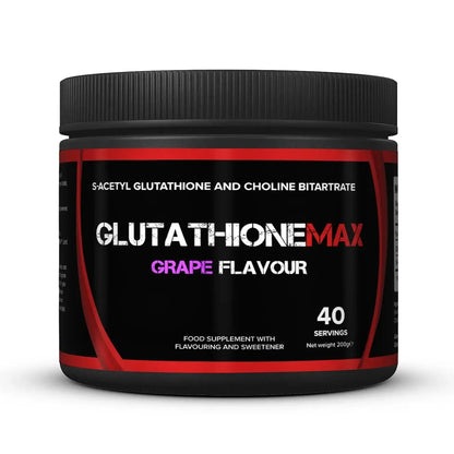 Strom Sports GlutathioneMAX powder supplement in grape flavour container on a white background.